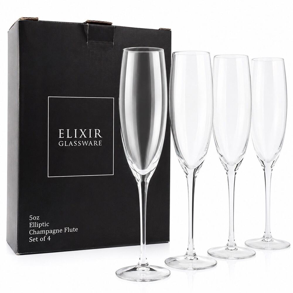 Elixir Glassware Champagne Flutes Set of 4 5oz Long Stem 11” Tall Open Box